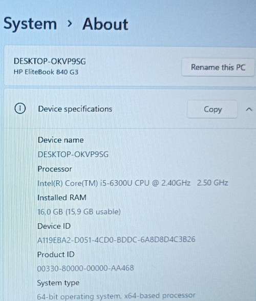 HP EliteBook 840 G3, Intel i5-6300U@2.4GHz, 16GB RAM, 256GB m.2 SSD, 14` HD 1366x768 Display, Win 11