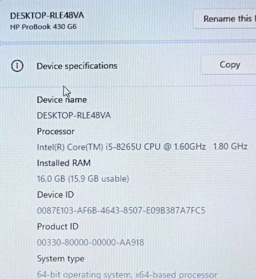 HP ProBook 430 G6,8th Gen Intel i5-8265U@1.8GHz, 6GB RAM, 500GB SSD, 13.3` 1366x768 HD Display,Win11