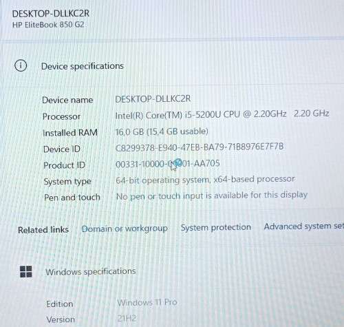 HP EliteBook 850 G2, Intel i5-5200U@2.2GHz, 16Gb RAM, 500Gb HDD, 15.6` FHD Display, Windows 11