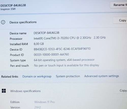 Dell Inspiron 3581 Carbon,7th Gen Intel i3-7020U@2.3GHz, 8GB RAM, 1TB HDD, 15` FHD display, Win11