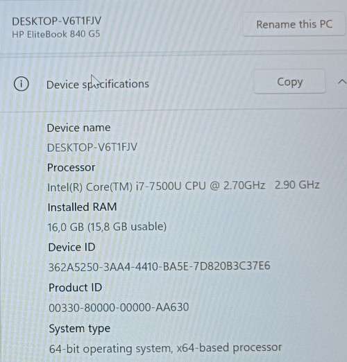 HP EliteBook 840 G5, 7th Gen i7-7500U@2.7GHz, 16GB RAM, 256GB m.2 SSD, 14`FHD LED Display, Win11