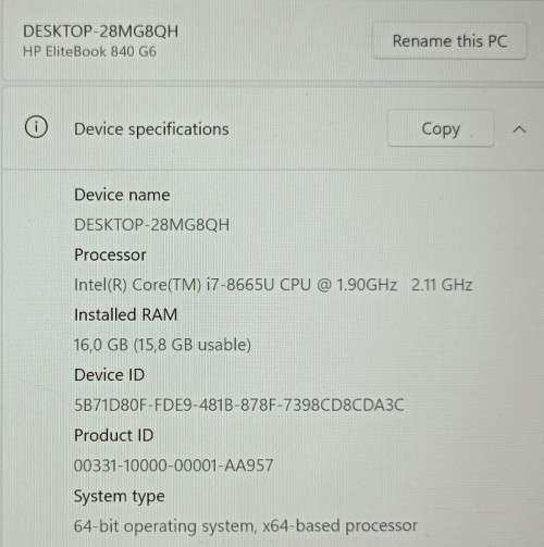 HP EliteBook 840 G6, 8th Gen i7-8665U@2.1GHz, 16GB RAM, 500GB m.2 SSD, 14` FHD Display, Windows 11