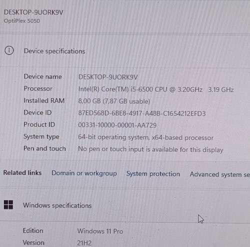 Dell OptiPlex 5050 SFF, 6th Gen i5-6500@3.2GHz, 8GB RAM, 256GB SSD, DVD-ROM, Windows 11 Pro