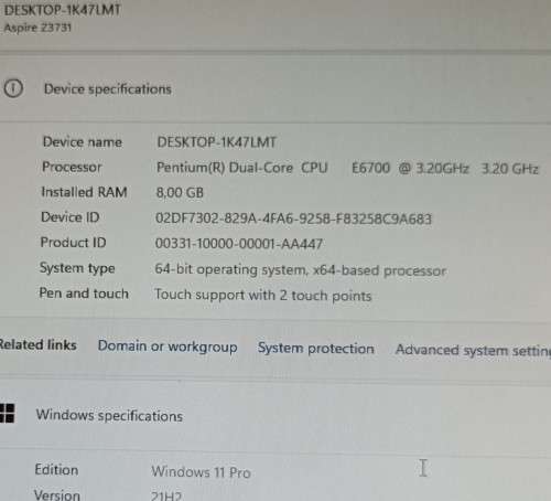 Acer Aspire Z3731 All-in-One PC, Pentium Dual Core E6700@3.2GHz, 8GB Ram, 256GB SSD,FHD TouchScreen