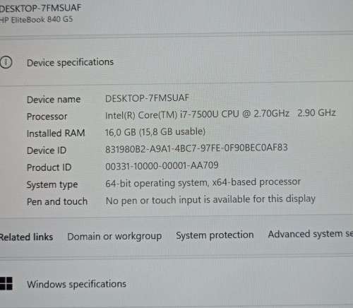 HP EliteBook 840 G5, Intel i7-7500U@2.9GHz, 16GB RAM, 512GB NVMe SSD, 14` FHD Display, Win 11 Pro