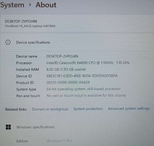 ASUS Laptop X407MA Intel Dual Core N4000 up to 2.60GHz Processor, 8GB RAM, 128GB SSD, 500GB HDD