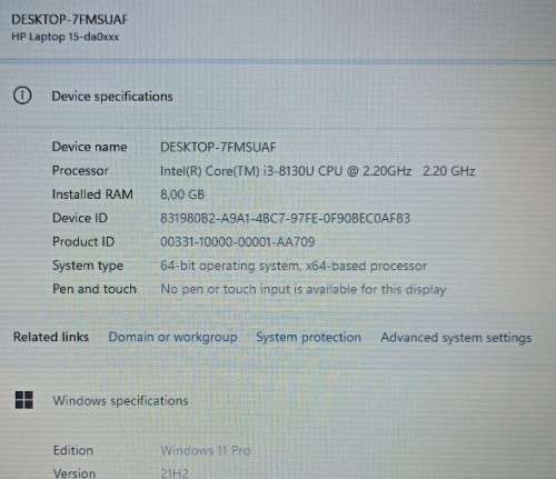 HP 15-da0xxx, 8th Gen i3-8130U@2.2GHz, 8GB RAM, 256GB NVMe SSD, 500GB HDD, 15.6` HD Display, Win 11