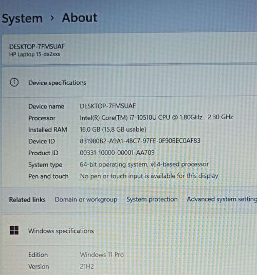 HP 15-da2xxx, 10th Gen i7-10510U@1.8GHz, 16GB RAM, 256GB NVMe SSD, 1TB HDD, 15.6` HD Display, Win 11