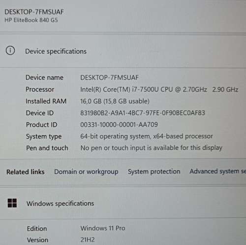 HP EliteBook 840 G5, Intel i7-7500U@2.7GHz, 16GB RAM, 256GB NVMe SSD, 14` FHD Display, Win 11 Pro