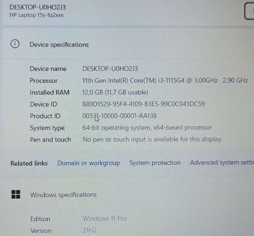 HP 15s-fq2xxx, 11th Gen Core i3-1115G4@3GHz, 12GB RAM, 512GB NVMe SSD, 15.6` FHD Display, Win 11 Pro