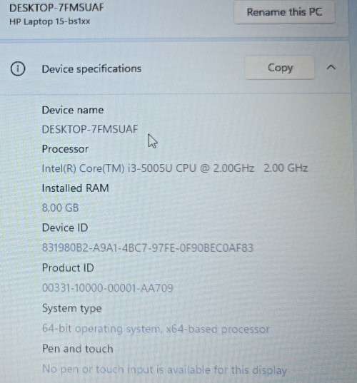 HP 15-bs1xx, Intel i3-5005U@2GHz, 8GB RAM, 1TB HDD, 15.6` HD Display(1366x768) Windows 11