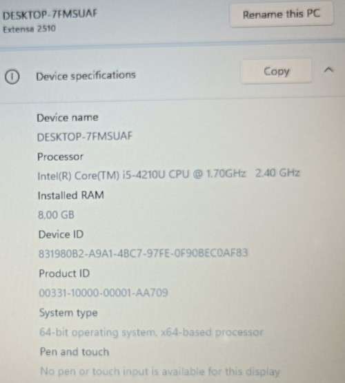 Acer Extensa 2510, Intel i5-4210U@1.7GHz, 8GB RAM, 256GB SSD, 15.6 HD Display, Windows 11