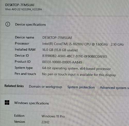 ASUS Vivo AIO V222FA, 22` NanoEdge Full HD 1920x1080, 10th Gen i5-10210U@1.6GHz, 16GB RAM, 256GB m.2
