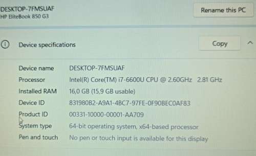 HP EliteBook 850 G3, Intel i7-6600U@2.6GHz, 16GB RAM, 256GB m.2 SSD, 500GB HDD, 15.6` FHD Display