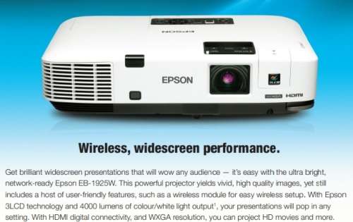 EB-1925W 3LCD Multimedia Projector, WXGA (1280x800) Native resolution Projector