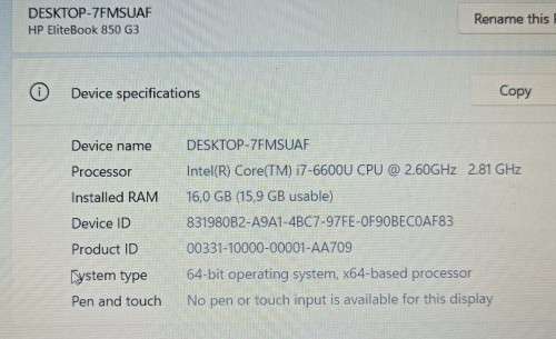 HP EliteBook 850G3, Intel i7-6600U@2.6GHz, 16GB RAM, 256GB NVMe SSD, 1TB HDD, 15.6` FHD Display