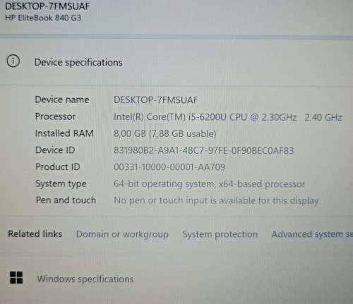 HP EliteBook 840G3, Intel i5-6200U@2.3GHz, 8GB RAM, 256GB SSD, 14` FHD 1920x1080 Display, Win 11