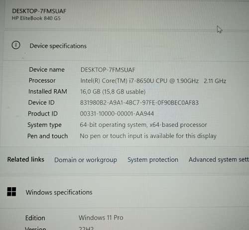 HP EliteBook 840G5, AMD RX540 Graphics, 8th Gen i7-8650U, 16GB RAM, 256GB m.2 SSD, 14" FHD Display