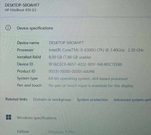 HP EliteBook 850G3, Intel i5-6300U@2.4GHz, 8GB RAM, 256GB m.2 SSD, 15.6` FHD Display, Win11