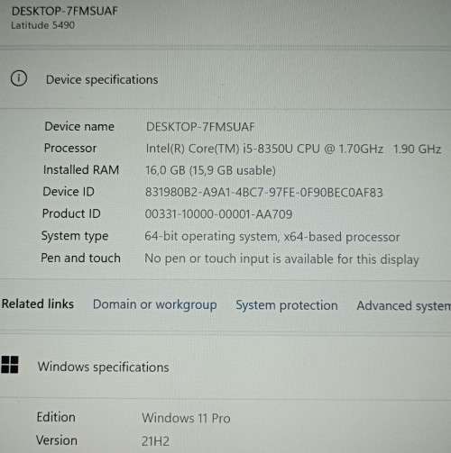 Dell Latitude 5490, 8th Gen i5-8350U@1.7GHz, 16GB RAM, 256GB m.2 SSD, 14: FHD Display, Win11 Pro