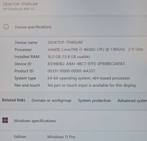 HP EliteBook 840G5, 8th Gen i7-8650U@1.9GHz, 16GB RAM, 256GB m.2 SSD, 14` FHD Display, Windows 11