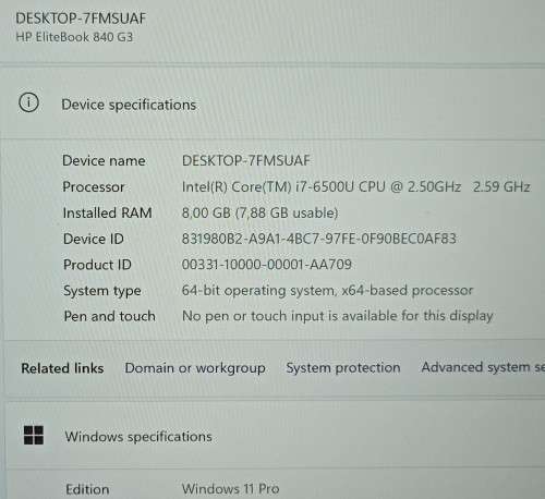 HP 840 G3, 14` WQHD (2560x1440) Display, Intel i7-6500U@2.5GHz, 8GB RAM, 256GB m.2 SSD, Win 11