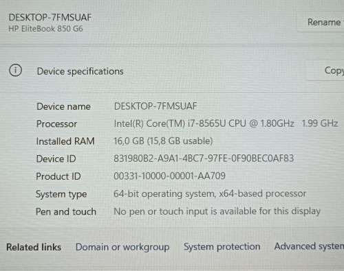 HP EliteBook 850G6, 8th Gen i7-8565U@1.8GHz, 16GB RAM, 256GB NVMe SSD, 15` FHD Display, Win 11
