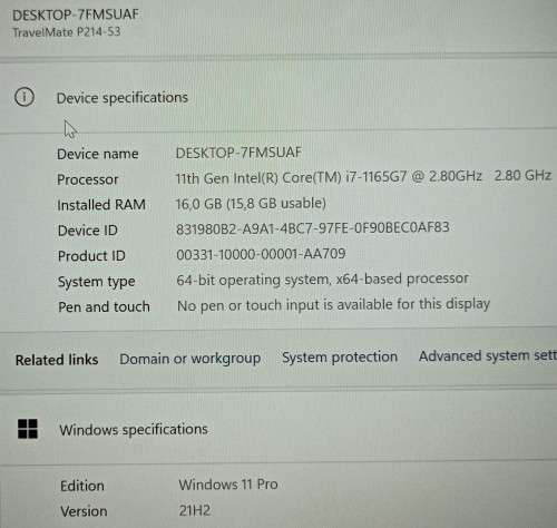 Acer TravelMate P214-53, 11th Gen i7-1165G7@2.8GHz, 16GB RAM, 512GB NVMe SSD, 14` FHD Display, Win11