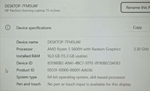 HP Pavillion 15 Gaming Laptop, GTX 1650 GPU, Ryzen 5 5600H, 16GB RAM, 1TB NVMe SSD, 1TB HDD, 15.6`
