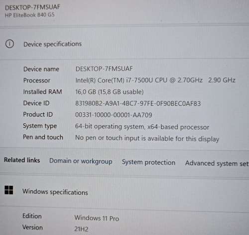 HP EliteBook 840 G5, 7th Gen i7-7500U@2.7GHz, 16GB RAM, 256GB m.2 SSD, 14` FHD Display, Win 11