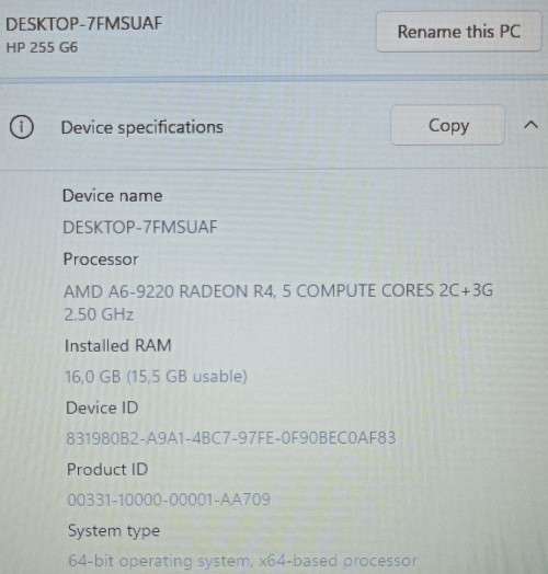 HP 255G6, AMD A6-9220 Radeon R4@2.5GHz, 16GB RAM, 256GB SSD, DVD-RW, 15` HD Display, Win11