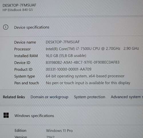 HP EliteBook 840 G5, 7th Gen i7-7500U@2.7GHz, 16GB RAM, 256GB m.2 SSD, 14` FHD Display, Win 11