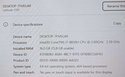 Dell Latitude 5591, Nvidia MX130 GPU, i7-8850H@2.6GHz, 16GB RAM, 256GB m.2 SSD, 15` FHD Display