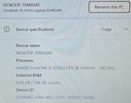 Asus Vivobook 15 X540UAR, 8th Gen i5-8250@1.6GHz, 8GB RAM, 120GB SSD, 15` HD Display, Win 11