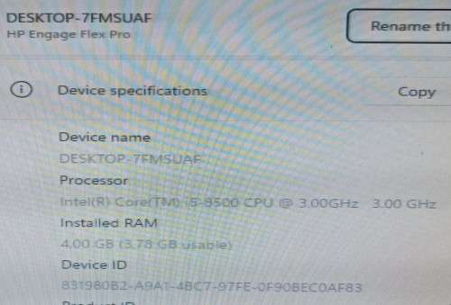 HP Engage Flex Pro, 8th Gen Intel i5-8500@3GHz , 4GB RAM, 256GB NVme m.2 SSD, 24V Retail Module