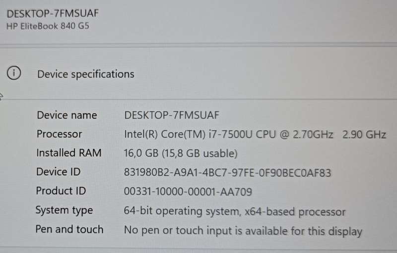 HP EliteBook 840 G5, 7th Gen i7-7500U@2.7GHz, 16GB RAM, 256GB m.2 SSD, 14` FHD Display, Win 11