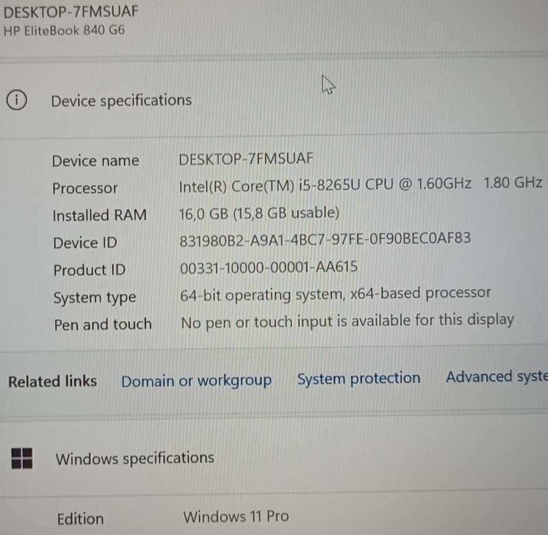 HP EliteBook 840 G6, 8th Gen i5-8265U@1.6GHz, 16GB RAM, 256GB m.2 SSD, 14` FHD Display, Win11