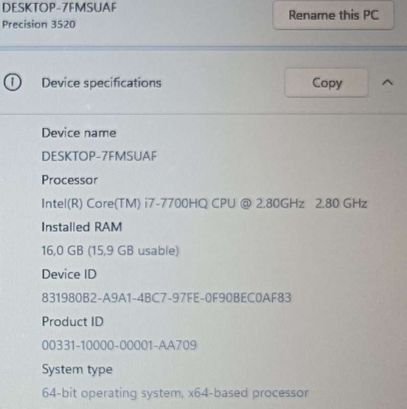Dell Precision 3520, Nvidia Quadro M620 GPU, Intel i7-7700HQ@2.8GHz, 16GB RAM, 256GB m.2 SSD