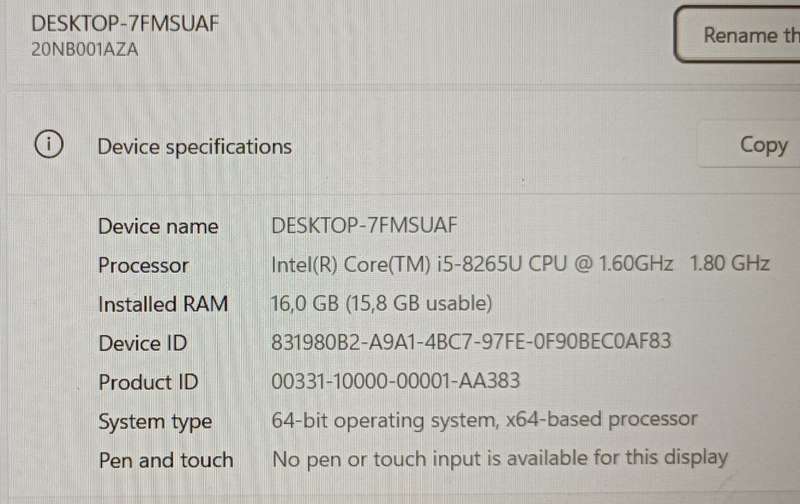 Lenovo Thinkpad E590, 8th Gen Intel i5-8265U@1.8GHz, 16GB RAM, 256GB NVMe SSD, 15` FHD Display,