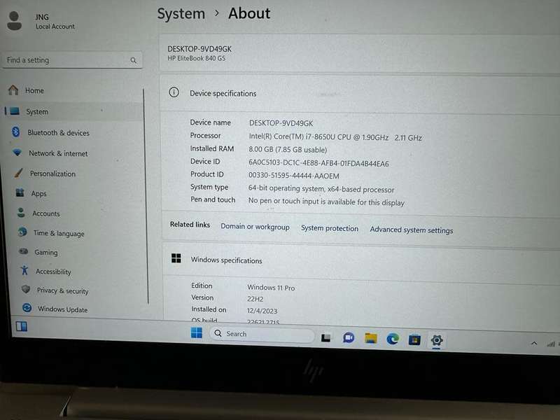 HP EliteBook 840 G5  8th Gen i7-8550U@1.9GHz, 8GB RAM, 256GB SSD,UHD GRAPHICS 620 FHD Display LTE