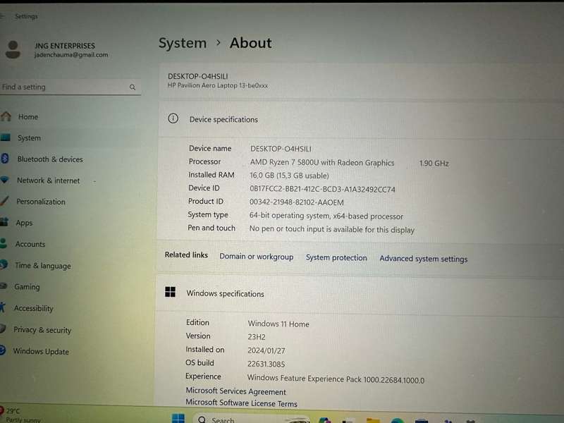HP PAVILLION AERO 13-Be0xxx Amd Ryzen 7 5800U Radeon Graphics 16gb Ram 512GBSSD