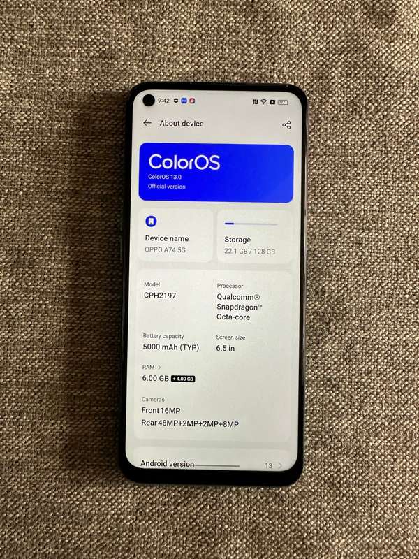 OPPO  [  CPH2197 ] A74 5G 6GB RAM 128 GB MEMORY  SINGLE SIM