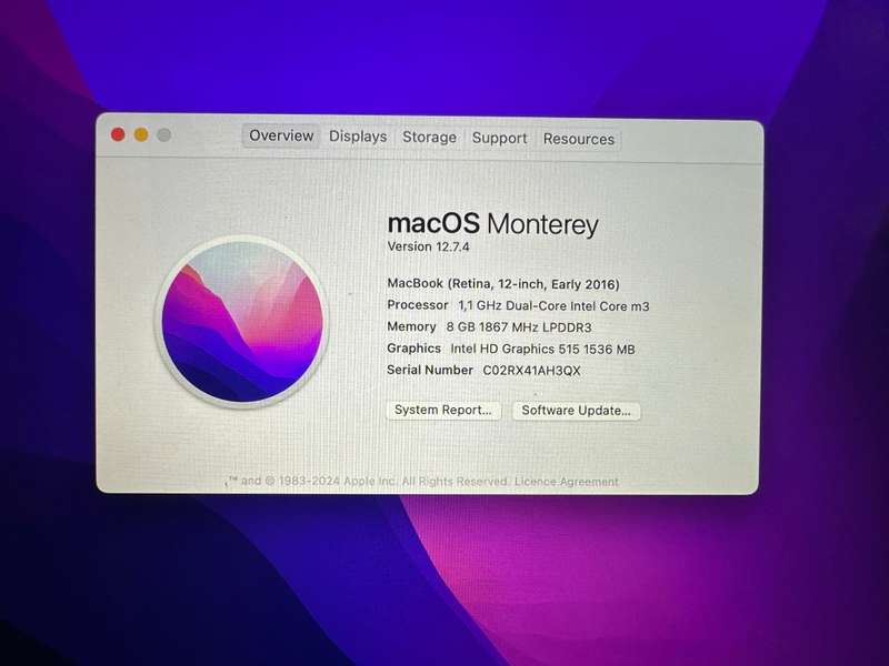 MacBook 12` Retina 2016, Model A1534 Dual-Core Intel Core m3 8gb ram 251gbssd