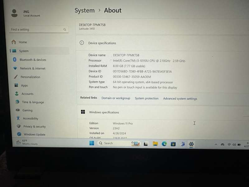 DELL LATITUDE 3410 CORE I3 10TH GEN 8GB RAM 256GB SSD FHD DISPLAY