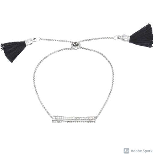 Silver ID toggle bracelet with black tassles