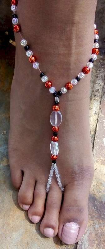 KUTULA Barefoot Sandals - Hand Beaded Red, Black & Clear Glass, Metal, Plastic - (1 x PAIR) size 5-6