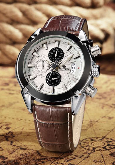 Megir Mens Brown Leather Chronograph Watch