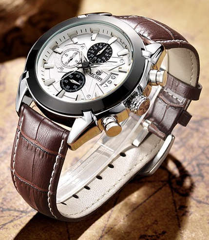Megir Mens Brown Leather Chronograph Watch