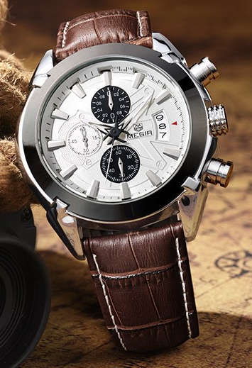Megir Mens Brown Leather Chronograph Watch