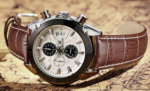 Megir Mens Brown Leather Chronograph Watch